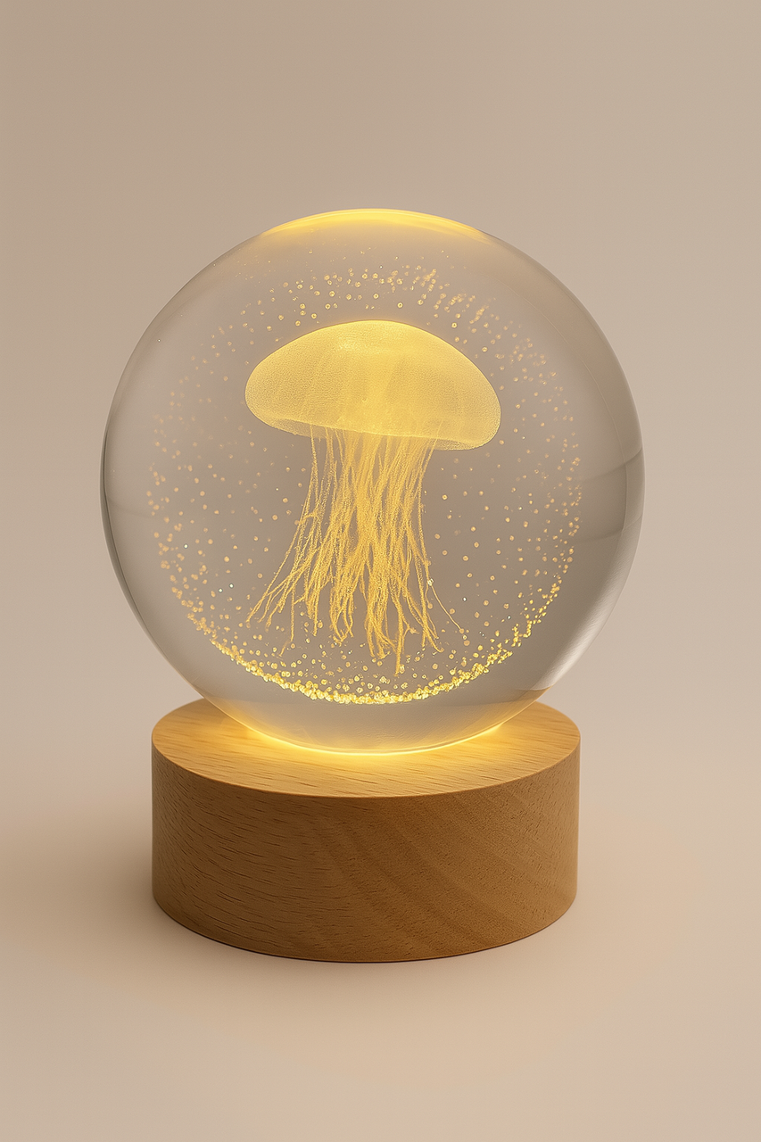 Ночник хрустальный пласт медуза на деревянной подставке LED подсветка/от USB 8 см Ночник хрустальный пласт медуза на деревянной подставке LED подсветка/от USB 8 см