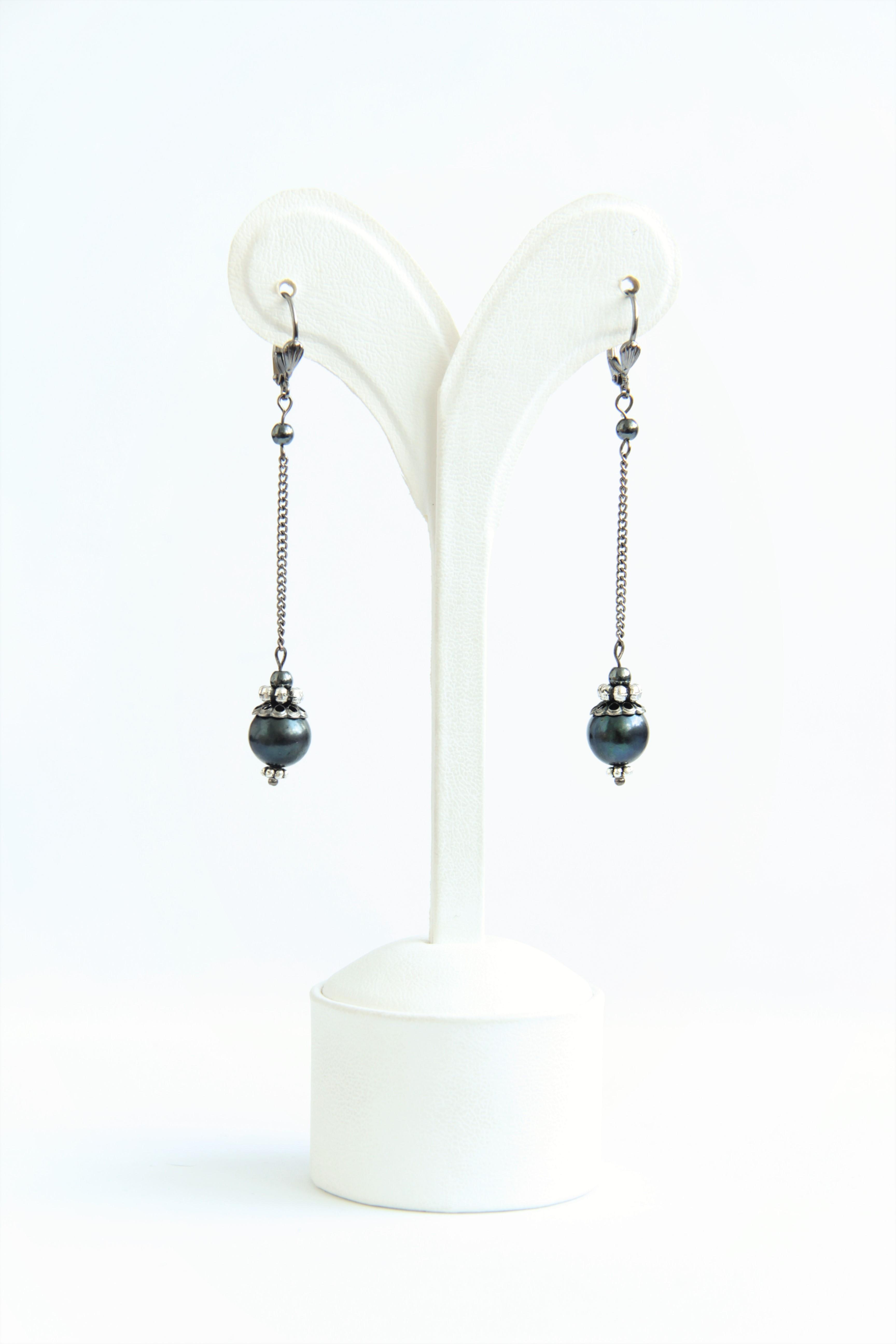 Сережки ланцюжки з натуральними чорними перлами Drop & Chain ручна робота (ER-0038)