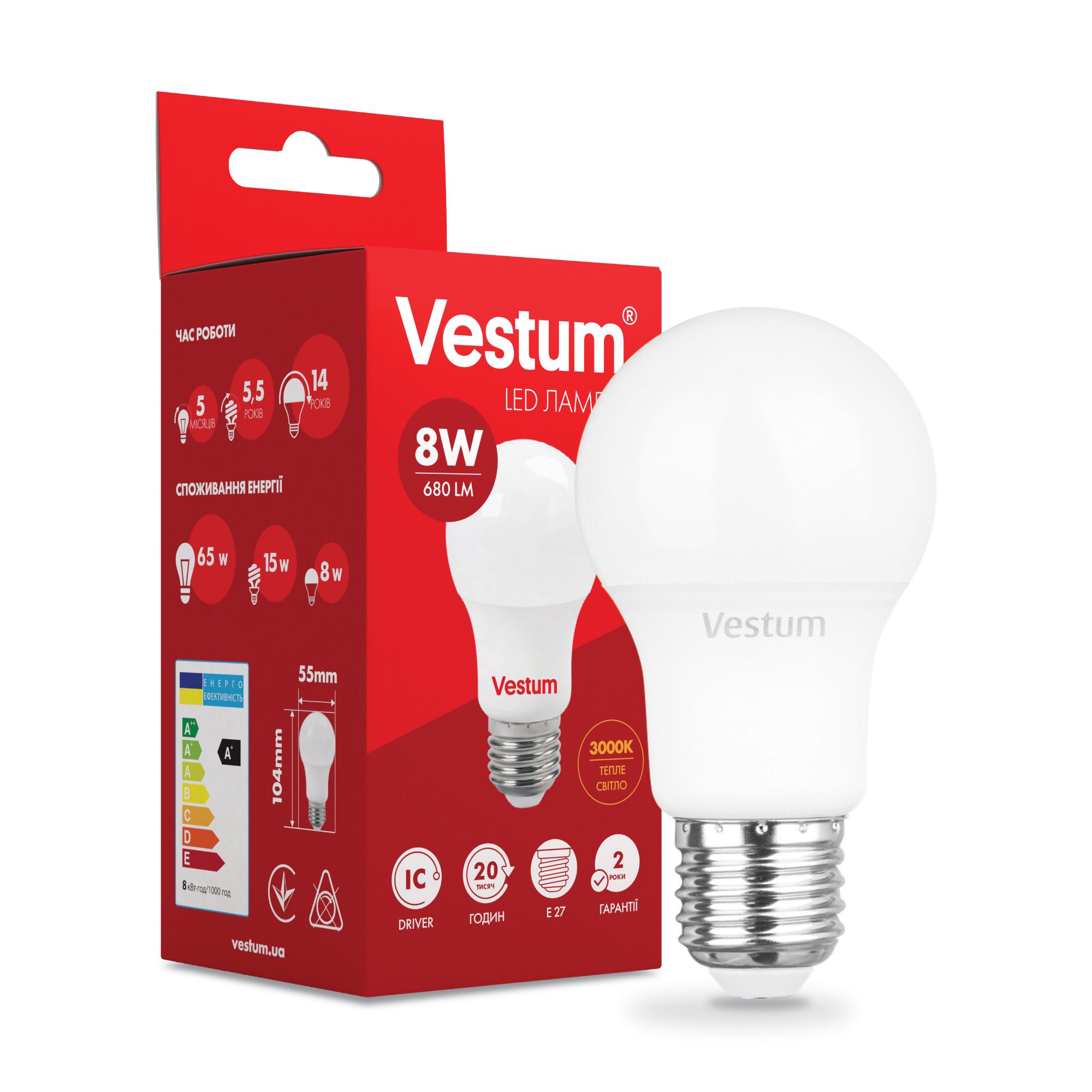 Лампа LED Vestum A55 8 W 3000K 220 V E27