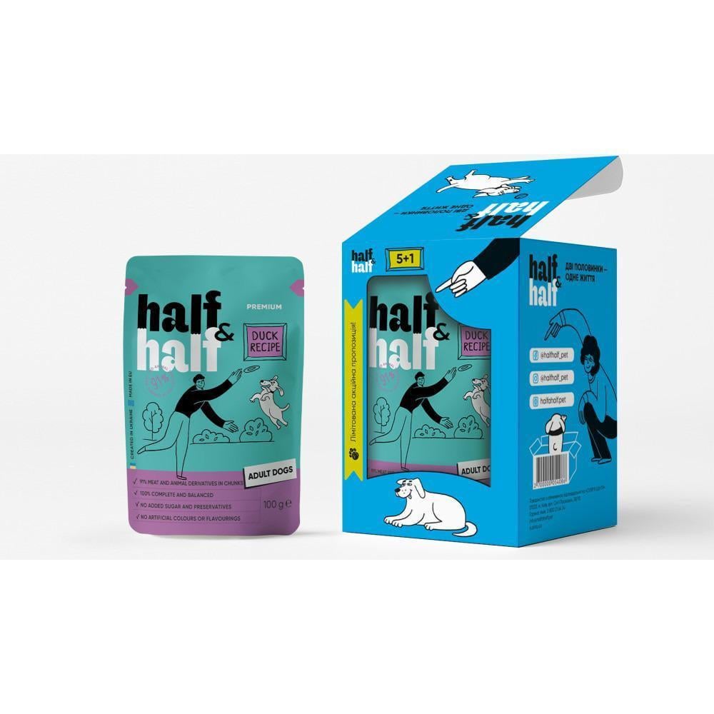 Набор влажных кормов для взрослых собак Half&Half 5+1 кусочки с уткой в соусе паучи 6 шт./100 г (SZ1111214336)