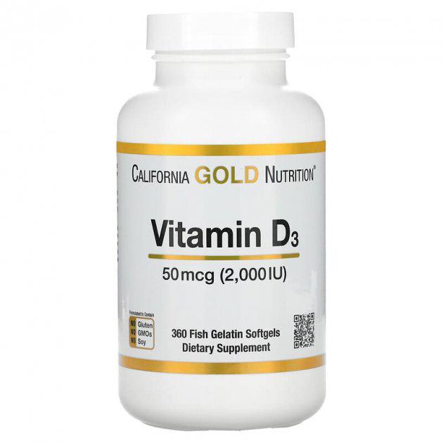 Витамин D3 California Gold Nutrition 50 мкг 360 капсул из рыбьего желатина (CGN-01180)