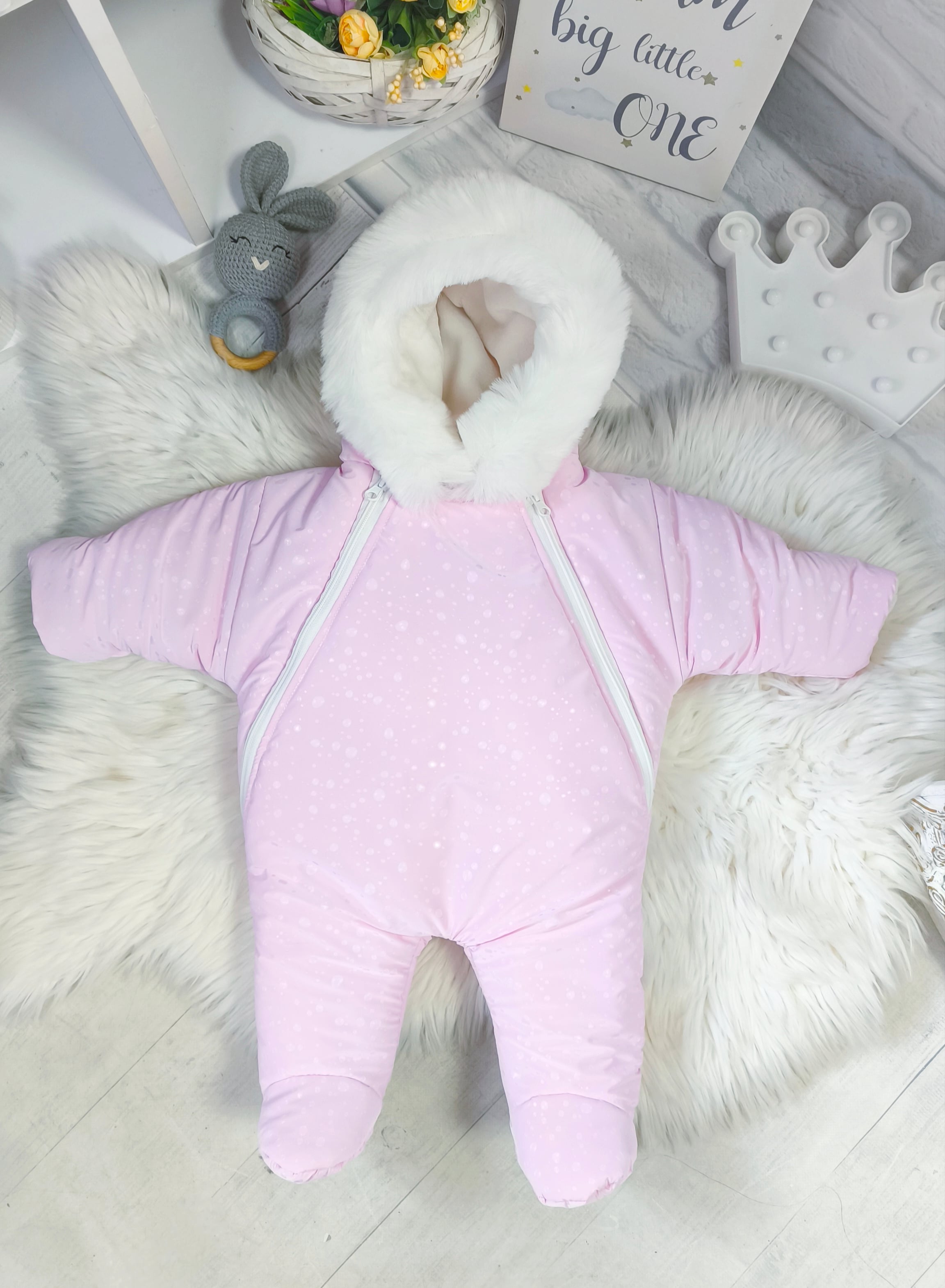 Дитячий зимовий комбінезон ElLiz_kids Крапля на махрі 0-4 місяць Рожевий (Kraplia-rogeva)