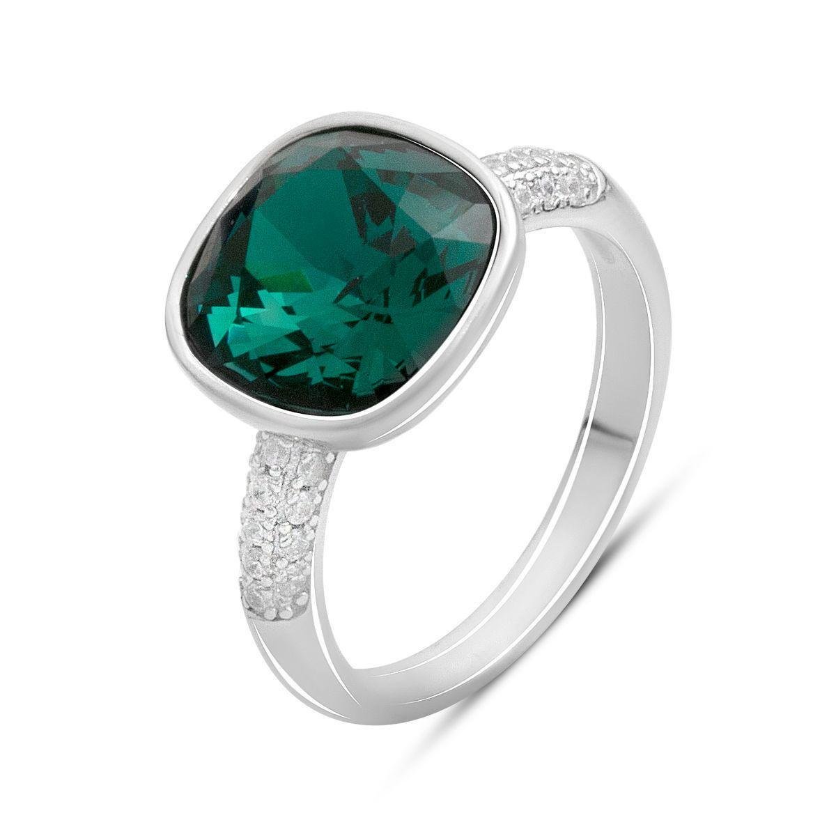 Кольцо серебряное с крупным зеленым фианитом Cushion и россыпью прозрачных вставок р. 18