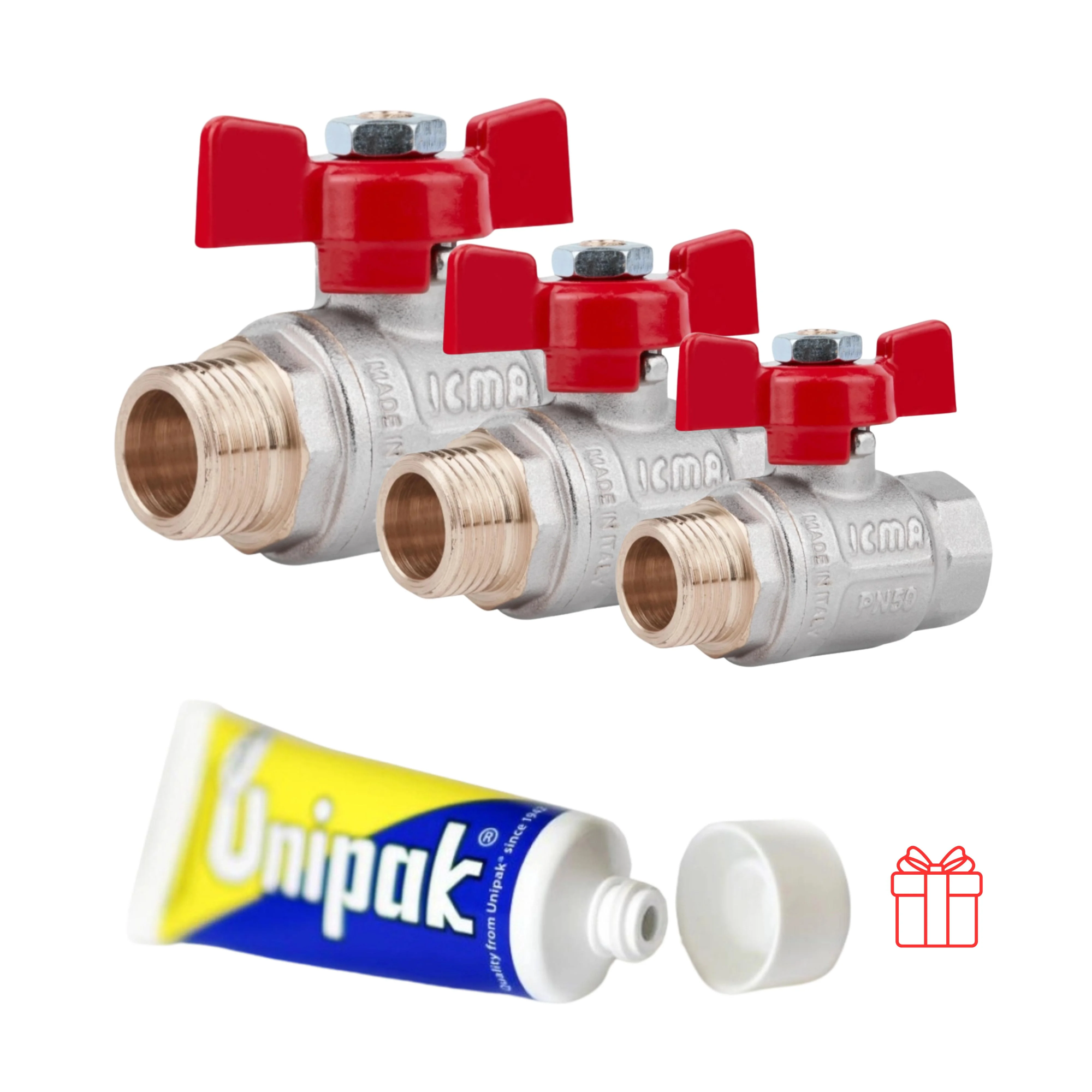 Набор ICMA краны шаровые 3 шт. 1/2"/2 шт. 3/4"/1 шт. 1" и паста Unigum (SD00054332)