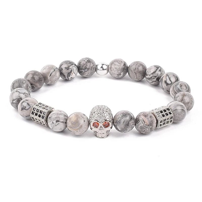 Браслет з яшми з черепом та багатогранниками р. 20 Срібний/Сірий (14024)