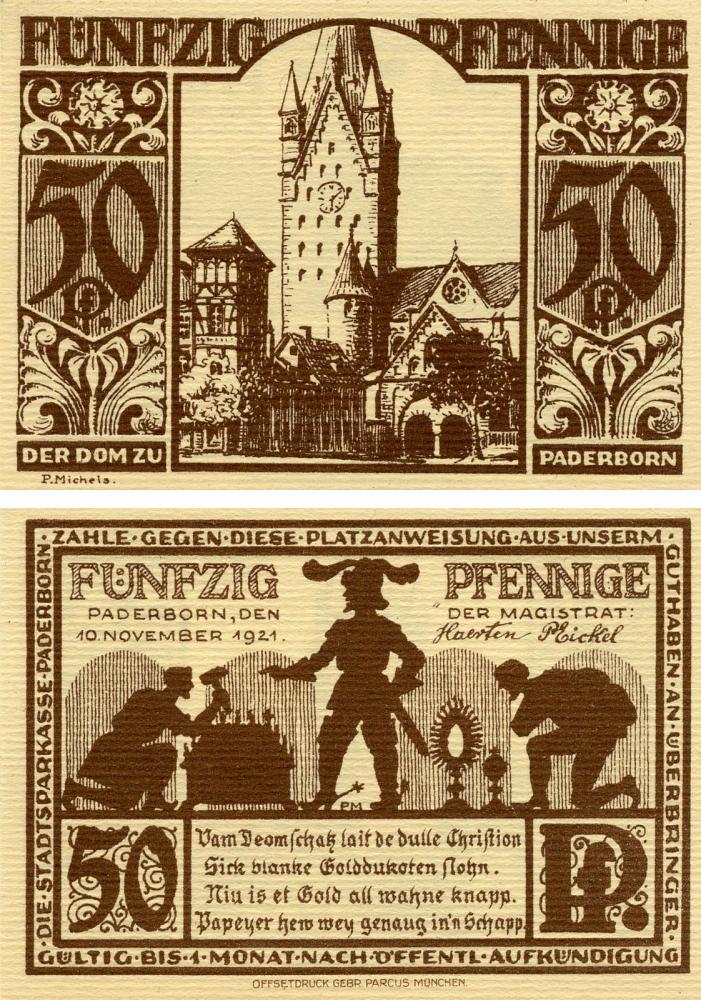 Коллекционная банкнота Германия Нотгельд 50 пфеннигов 1921 F-VF Падерборн (Б18753) Коллекционная банкнота Германия Нотгельд 50 пфеннигов 1921 F-VF Падерборн (Б18753)