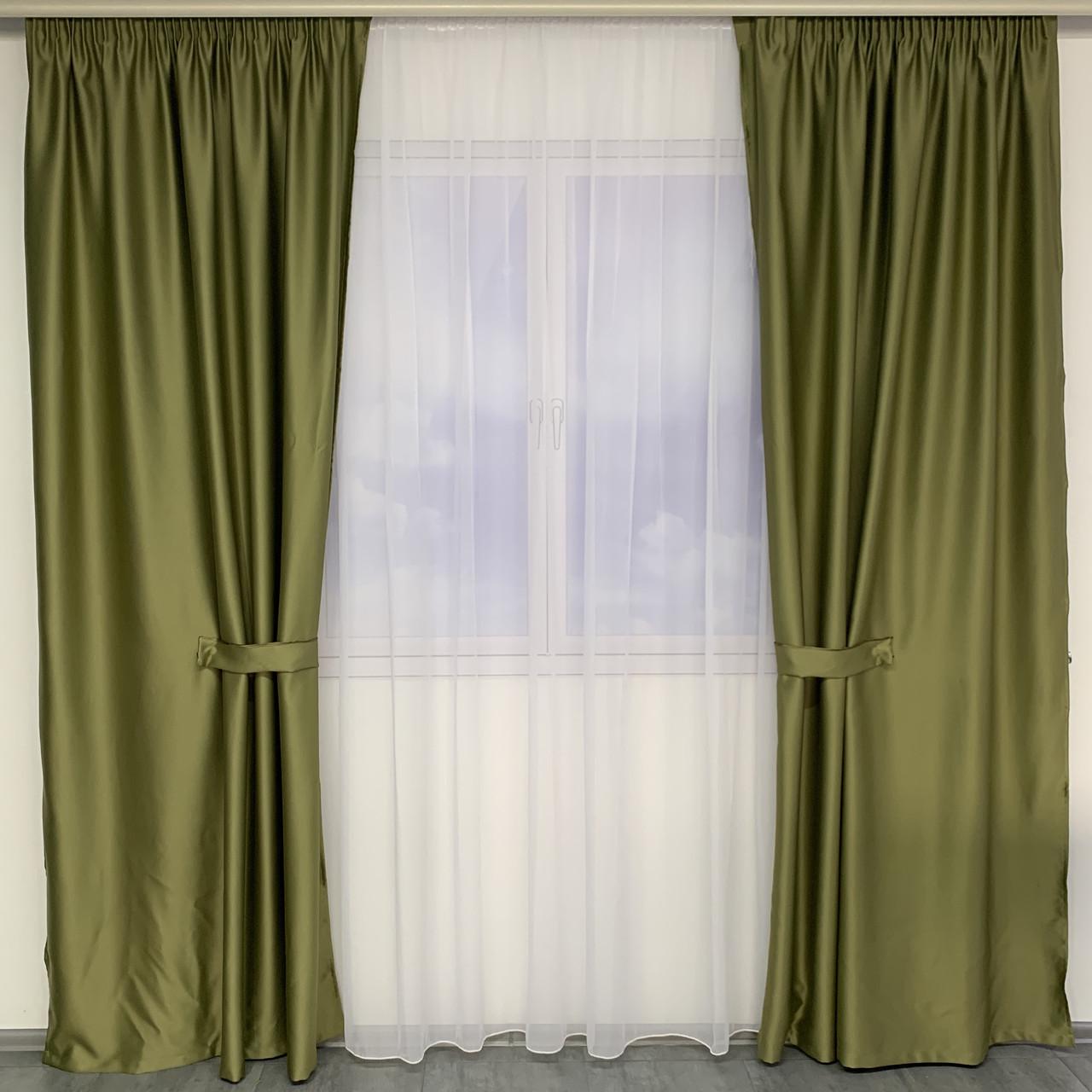 Шторы готовые из атласа с тюлем Зеленый (SHTN-VR-08)