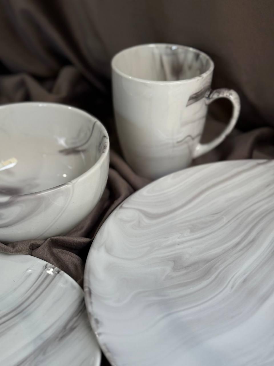 Столовый сервиз YIWU Marmor из фарфора 24 предмета на 6 персон Белый с серым MD-24-2G (30111415) - фото 5