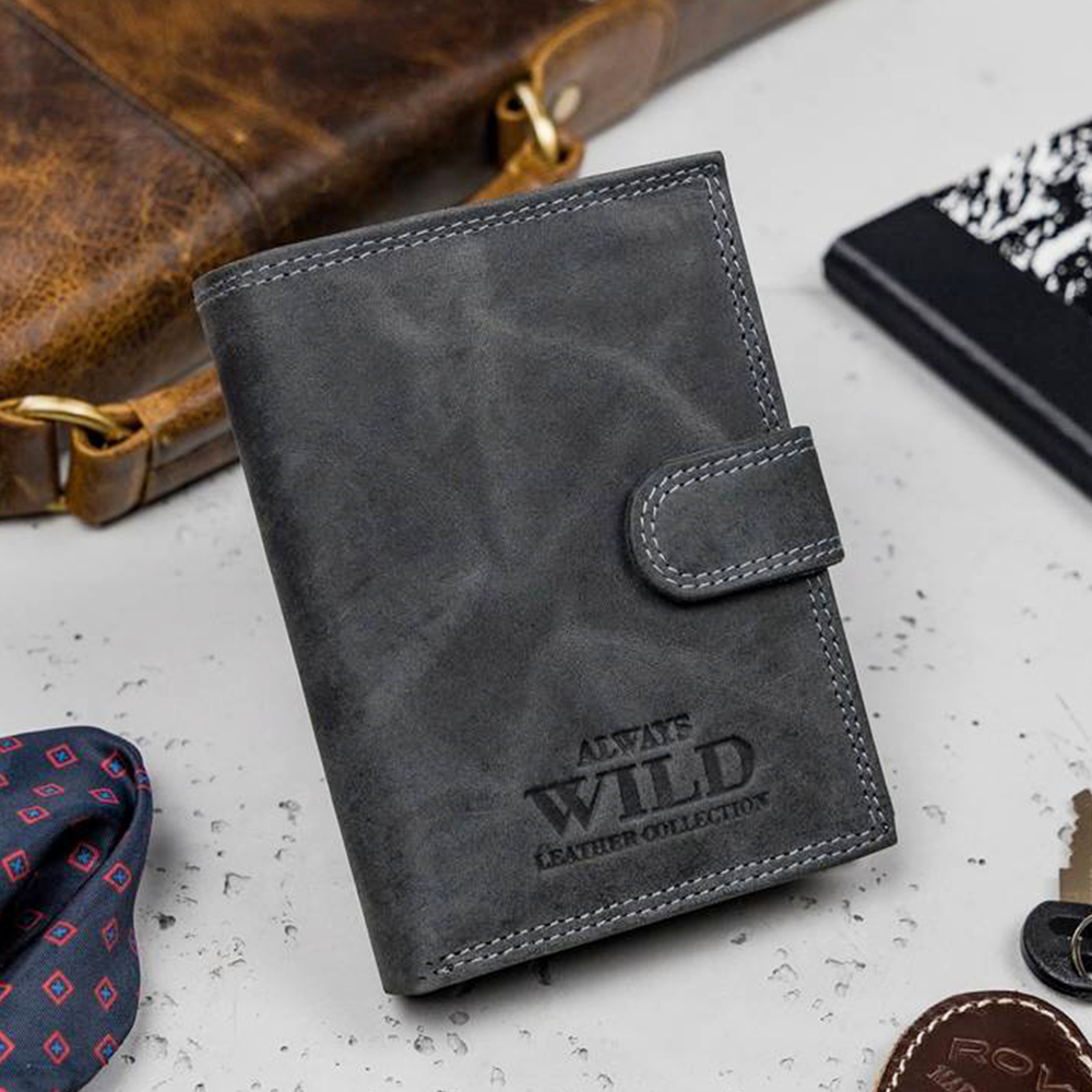 Портмоне мужское кожаное Always Wild N4L-P-CHM вертикальное на кнопке Темно-серый