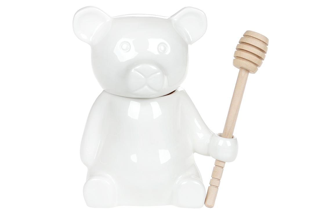 Медовница фарфоровая 280 мл Мишка с деревнянной ложкой Белый