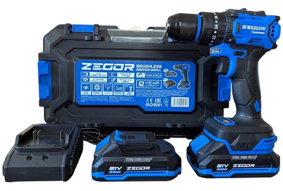 Шуруповерт ударний акумуляторний безщітковий Zegor CDAX-21BLH/21В/2 швидкості/2 батареї 21В 2Ач/реверс/підсвічування/кейс
