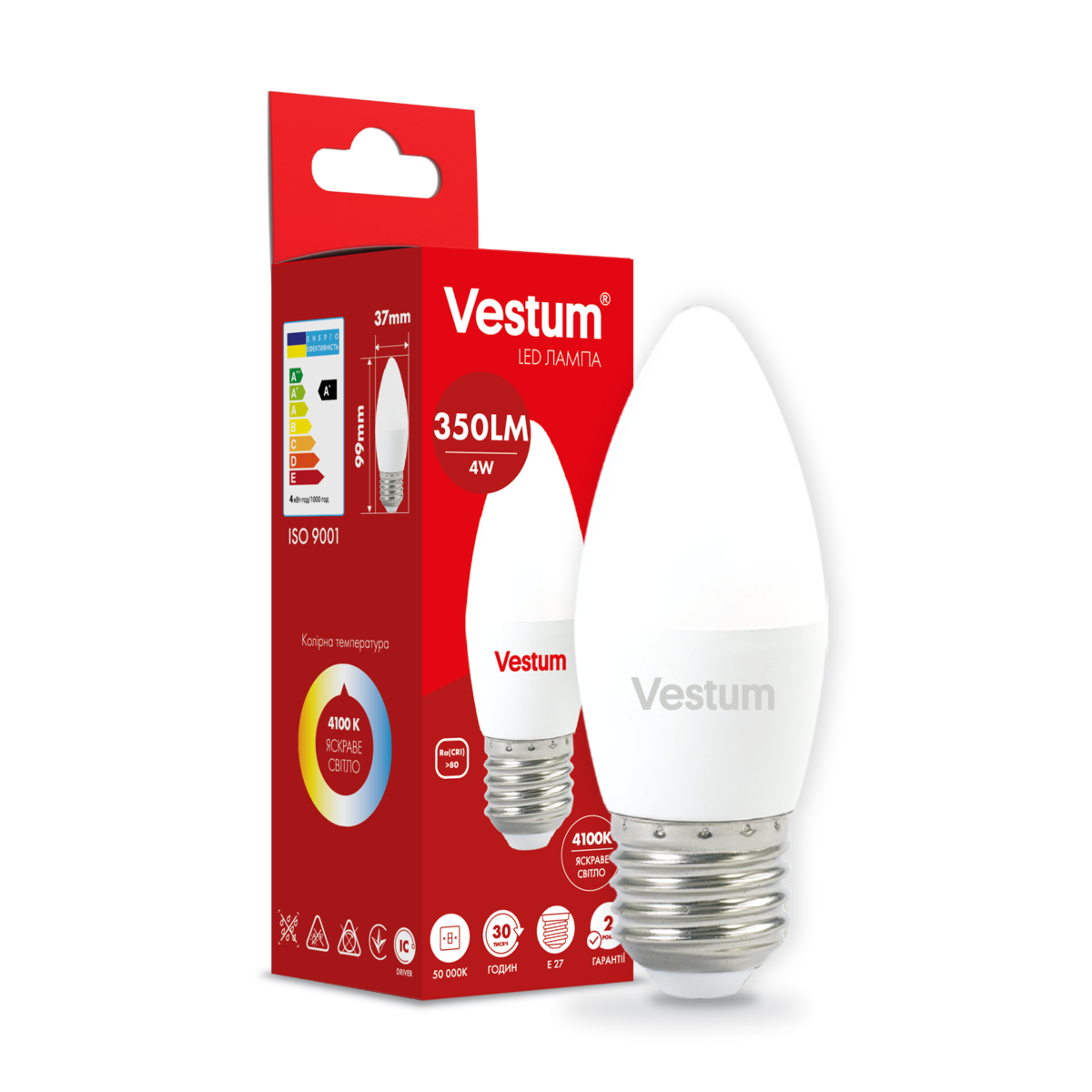 Светодиодная лампа Vestum C37 4W 4100K 220V E27 (1-VS-1305)