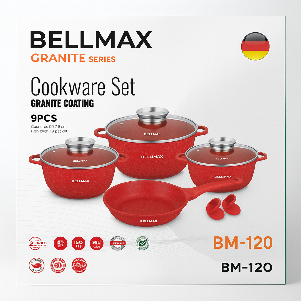 Набір кухонного посуду Bellmax BM-120 з литого алюмінію з гранітним антипригарним покриттям 9 пр. Червоний (54151467) - фото 4