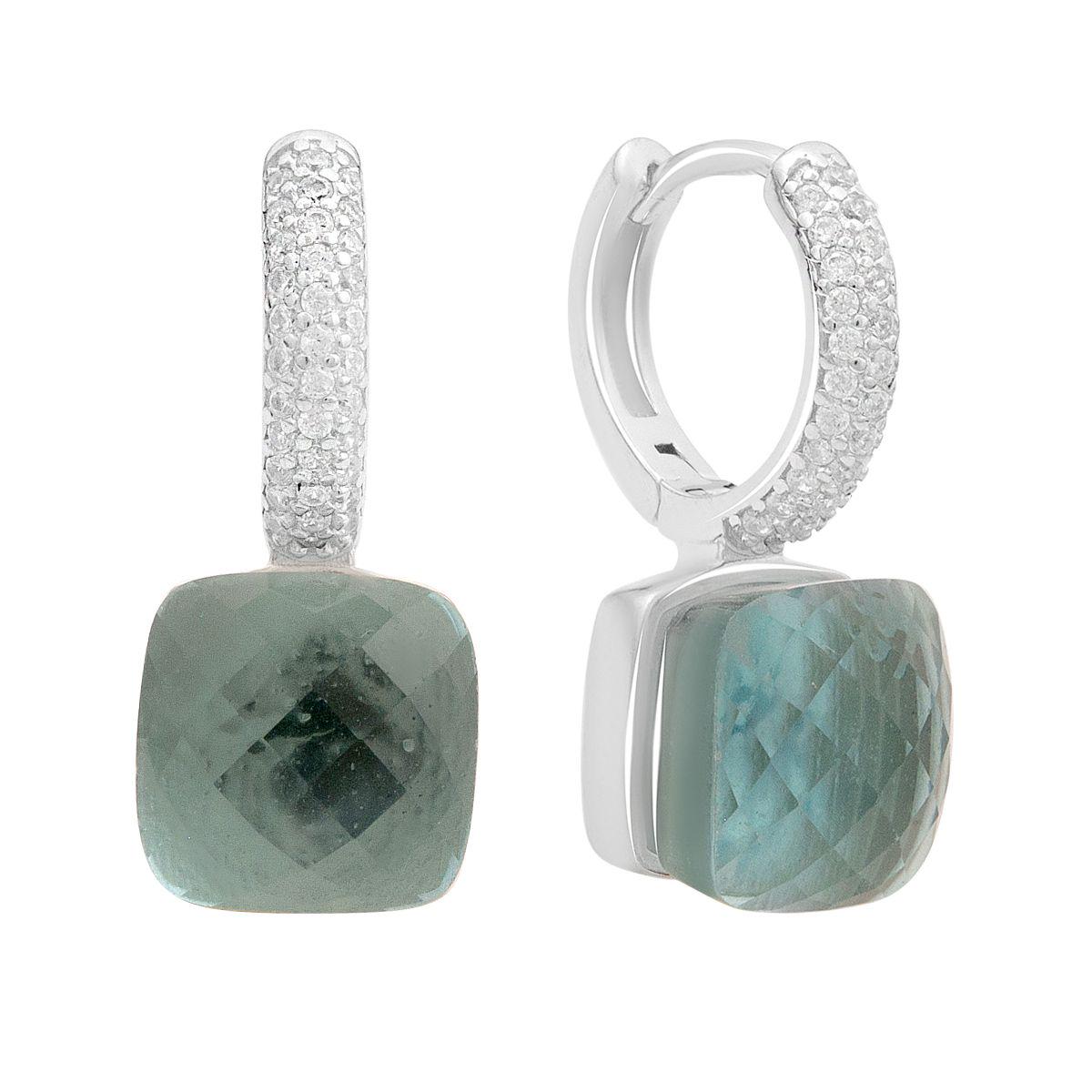 Серьги серебряные с квадратной формой вставки зеленого цвета и фианитами