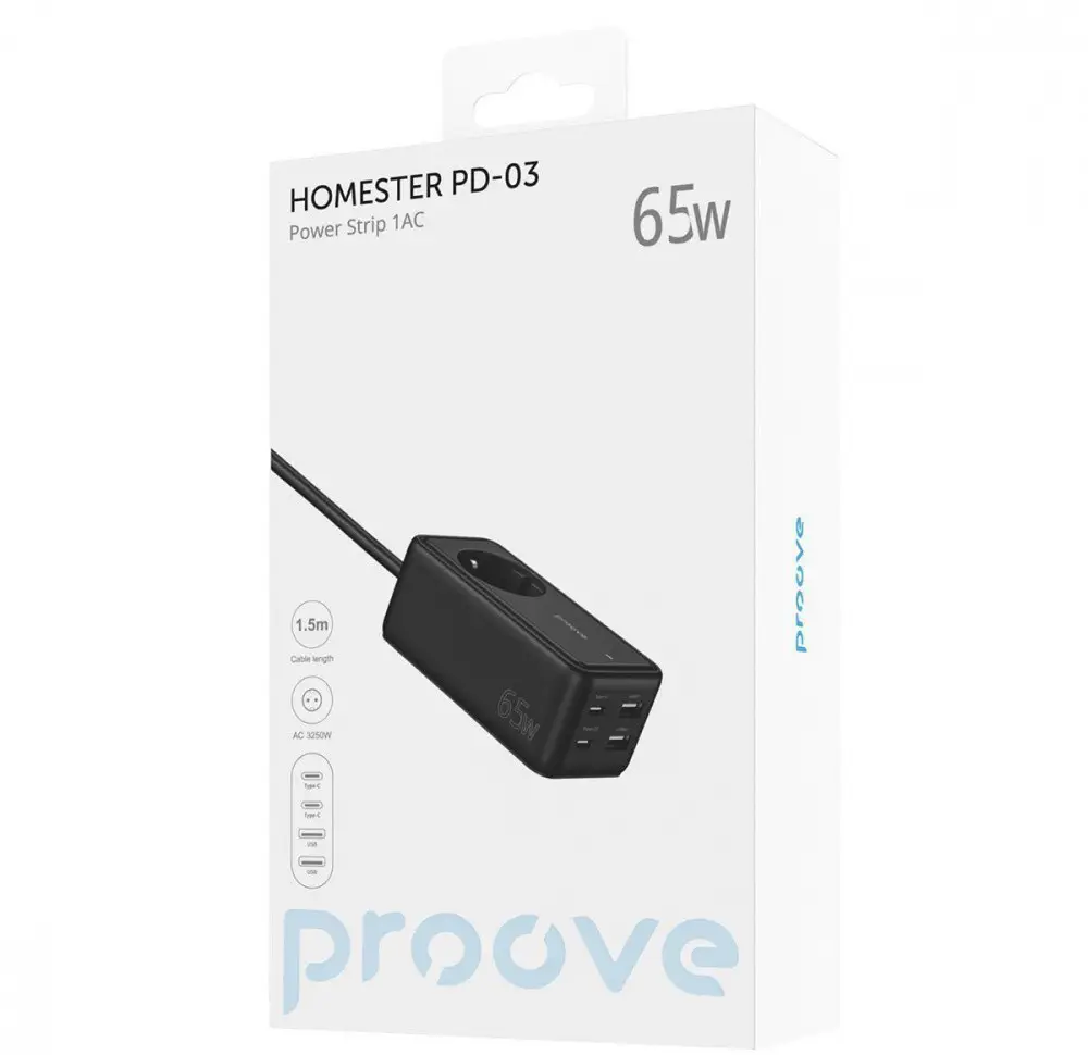Подовжувач Proove Power Strip Homester PD-03 1AC 65W 2 Type-C/2USB із Led-індикатором (PSP165220001) - фото 6 Подовжувач Proove Power Strip Homester PD-03 1AC 65W 2 Type-C/2USB із Led-індикатором (PSP165220001) - фото 6