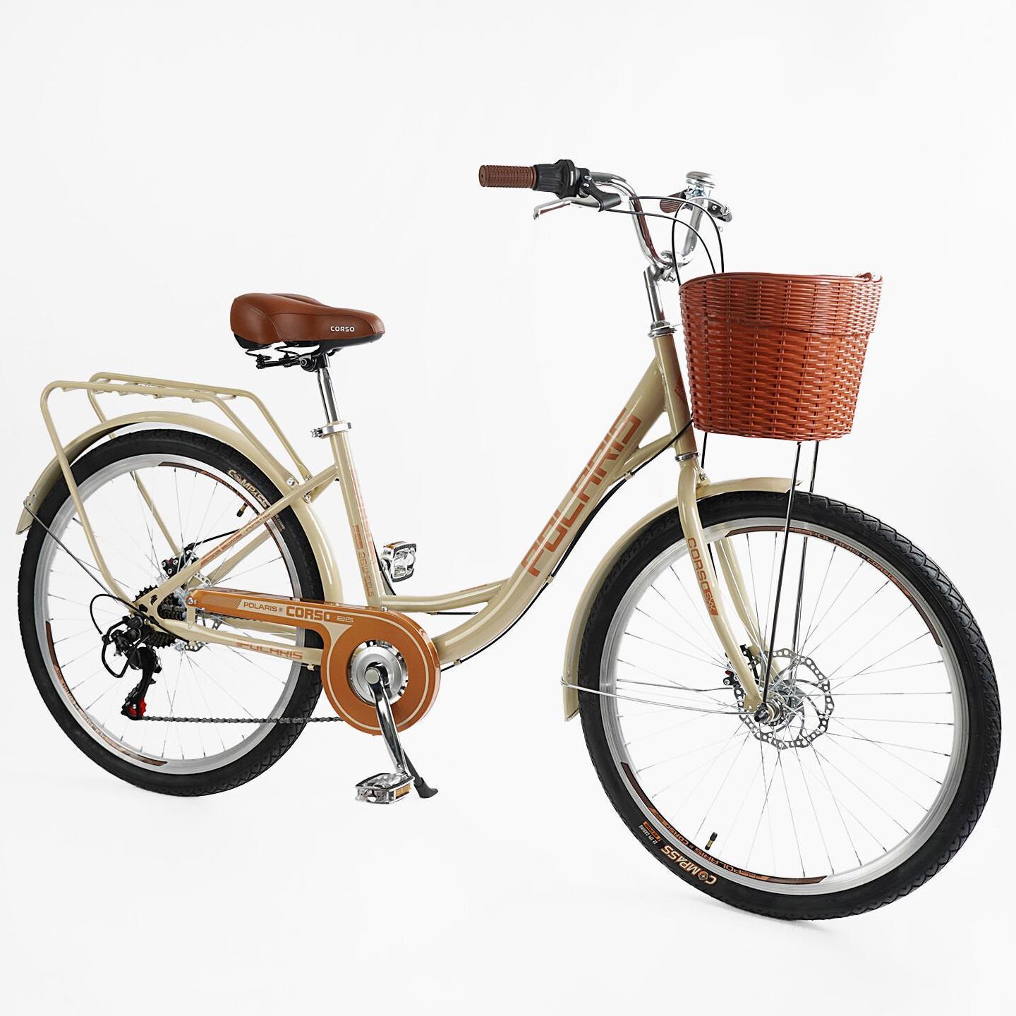 Велосипед міський Corso Polaris з кошиком та багажником рама 16,5"/26" Бежевий - фото 2