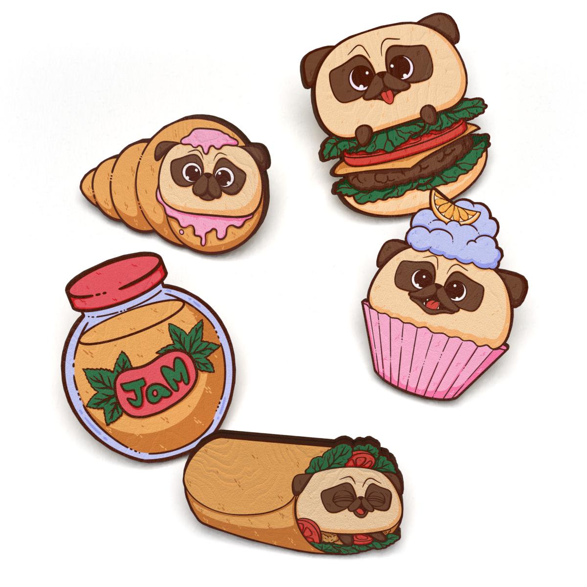 Набор значков Lex Altern Кавайный щенок мопс из дерева 5 шт.