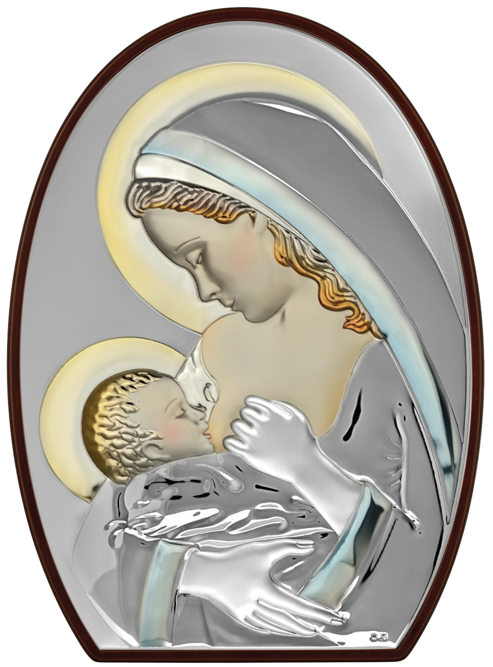 Ікона Богоматір Годувальниця в срібному окладі 26,5х34,5 см прикрашена різнобарвною ювелірною емалью