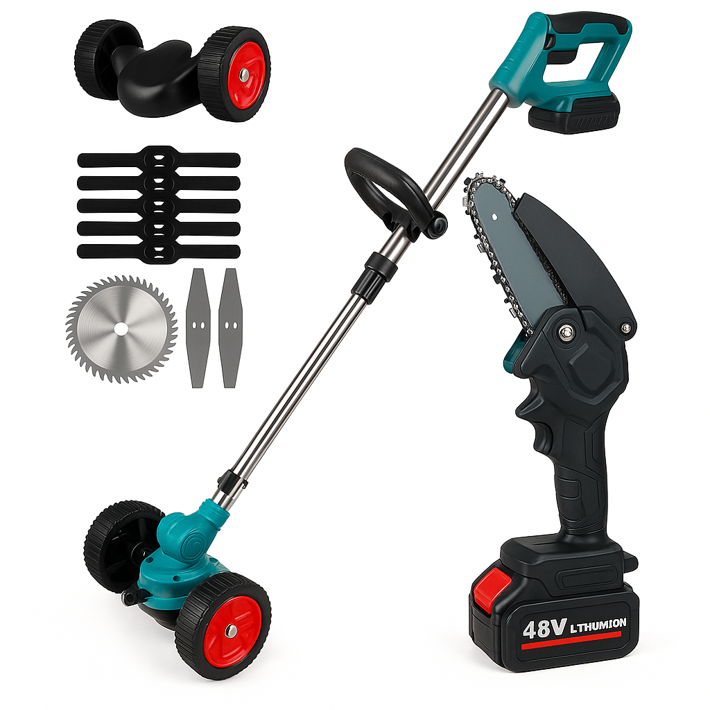 Набір 2в1 акумуляторна газонокосарка з колесами для трави та акумуляторна пила (17488-18)