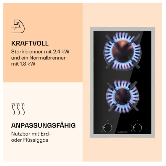 Варочная панель газовая KLARSTEIN Goldflame Domino Prime на 2 конфорки 4,2 кВт (10037806) - фото 2 Варочная панель газовая KLARSTEIN Goldflame Domino Prime на 2 конфорки 4,2 кВт (10037806) - фото 2