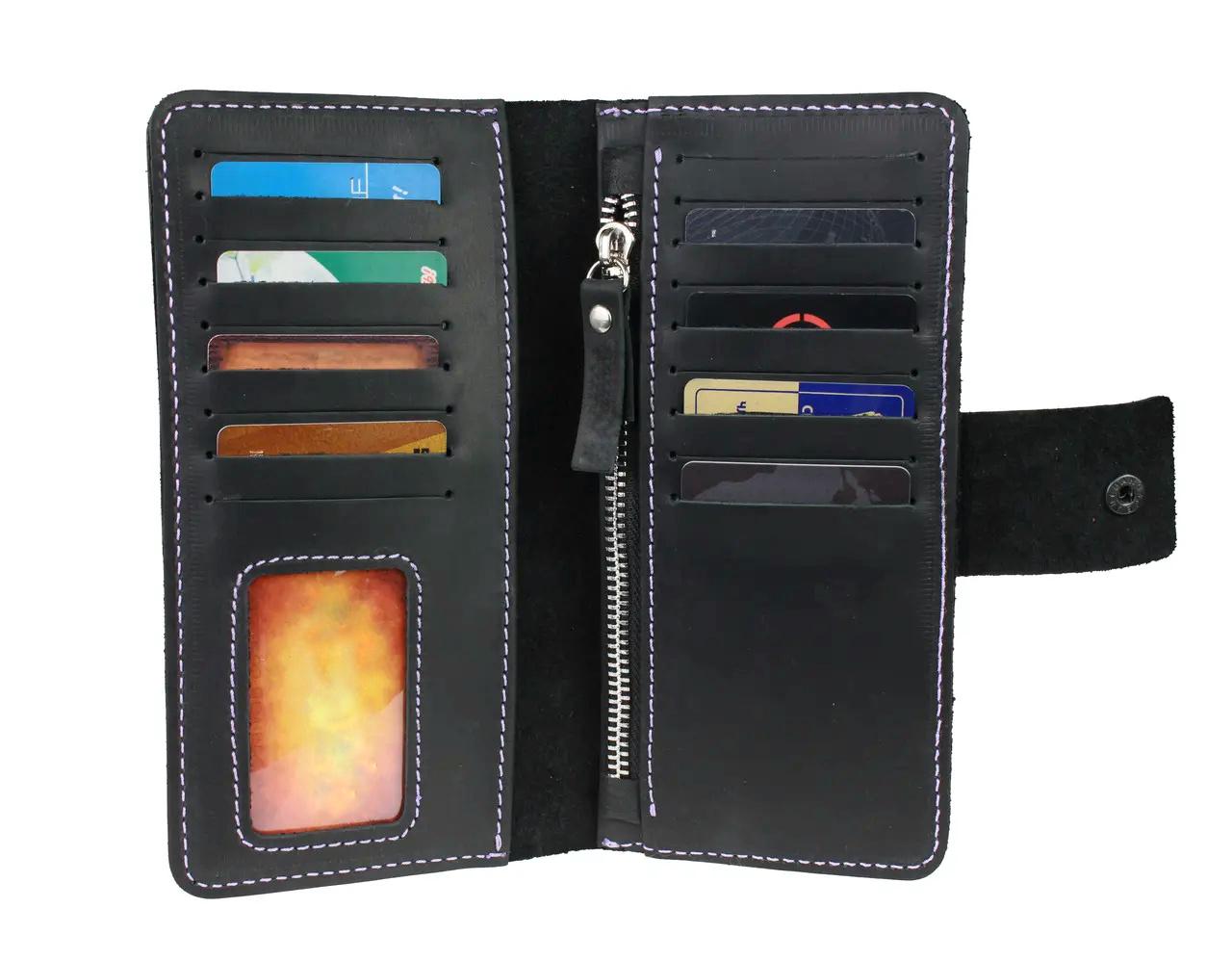 Кошелек FREESKIN кожаный прошит фиолетовой нитью 19х9,5х1 см Черный - фото 6 Кошелек FREESKIN кожаный прошит фиолетовой нитью 19х9,5х1 см Черный - фото 6