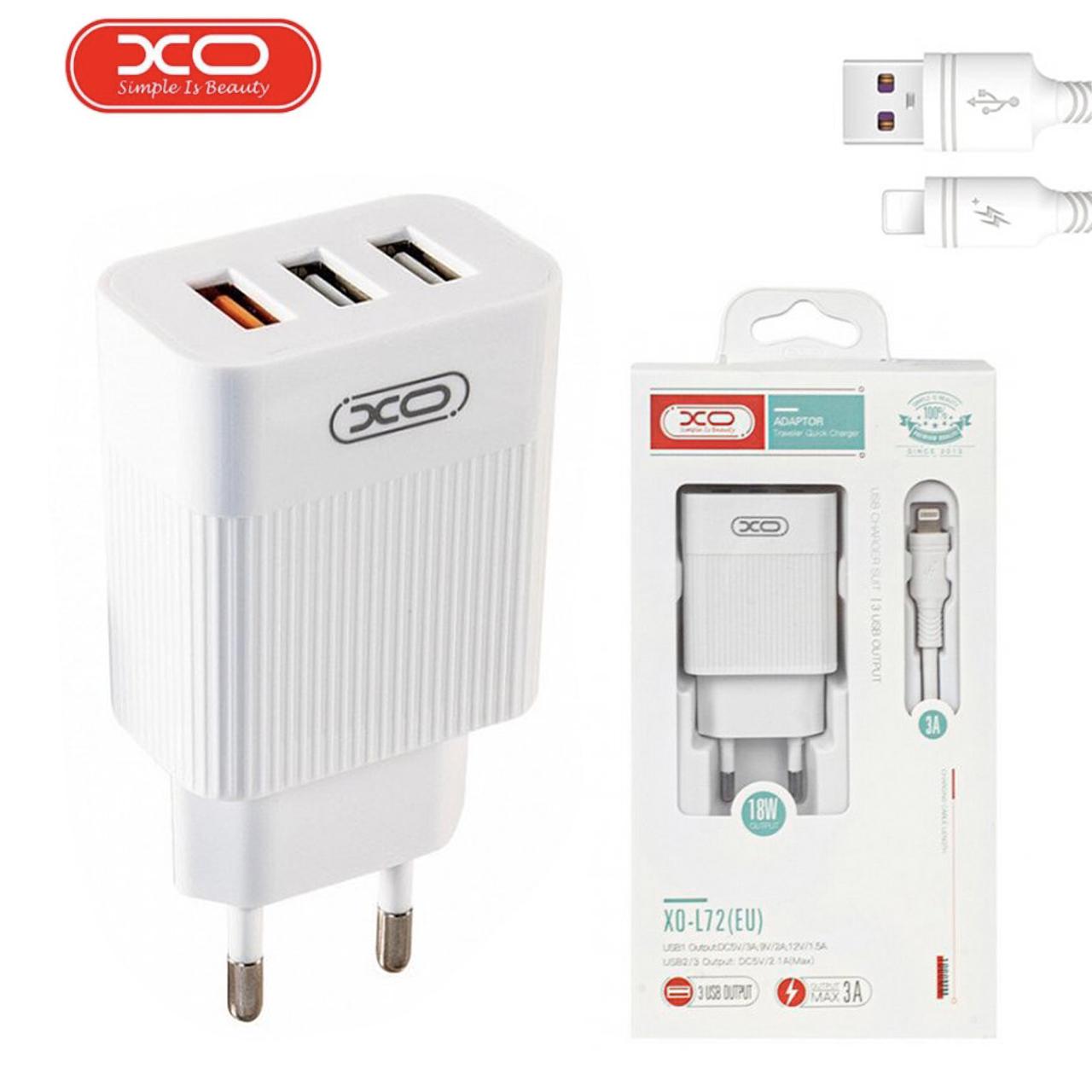 Устройство сетевое зарядное XO L72 QC3.0 3 USB/3 A с кабелем USB/Lightning Белый - фото 4