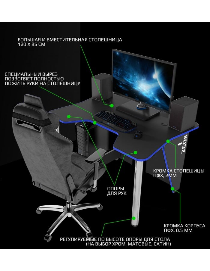 Геймерский стол ZEUS IGROK-3 Черный/Синий - фото 5