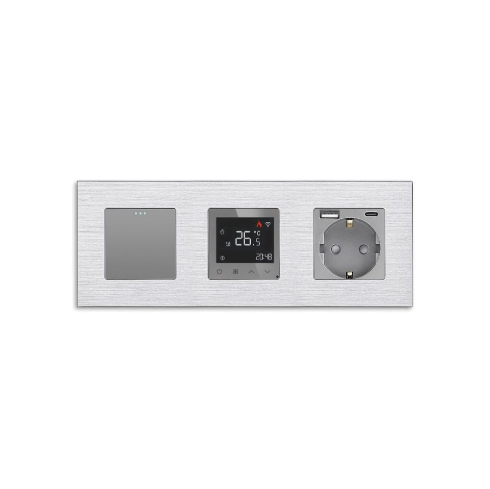 Терморегулятор сенсорный для теплого пола Wallpad с выключателем и розеткой USB A+C 20 Вт алюминий Серый (WP-1G2WWTMGAC-GY)