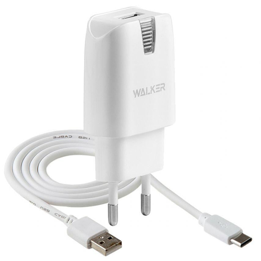 Зарядний пристрій мережевий/адаптер 2в1 WALKER WH-21 1USB/2.1A + Data Cable USB to Type-C White Зарядний пристрій мережевий/адаптер 2в1 WALKER WH-21 1USB/2.1A + Data Cable USB to Type-C White