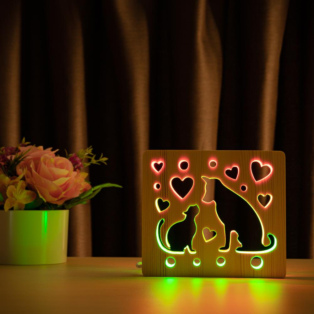 Светильник ночник ArtEco Light Кот и пес LED из дерева с пультом и регулировкой цвета двойной RGB
