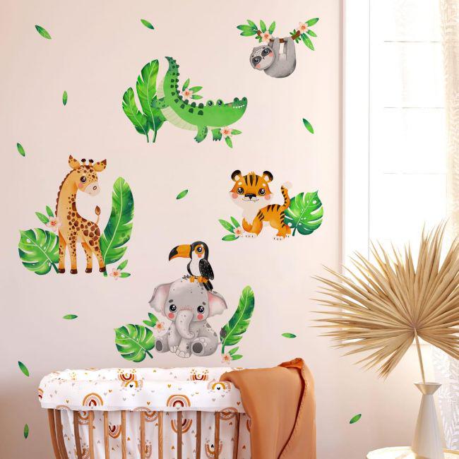 Стікери дитячі на стіну Тропічні листи та Тварини Sticker Wall SW-00001018 30х40 см 4 аркуші 120х40 см