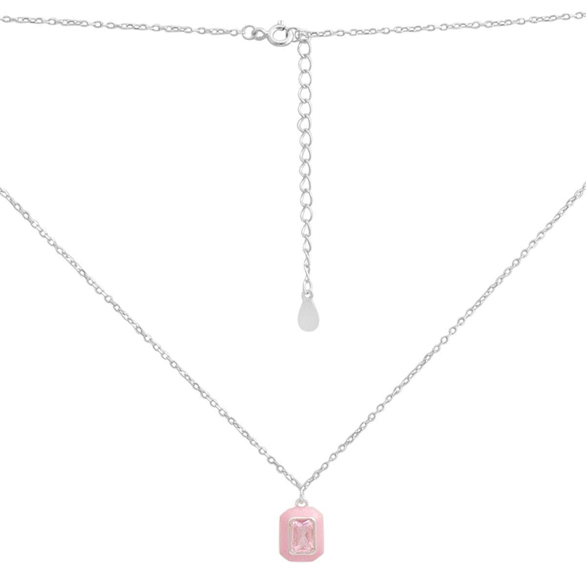 Колье серебряное с прямоугольным фианитом в розовой эмали