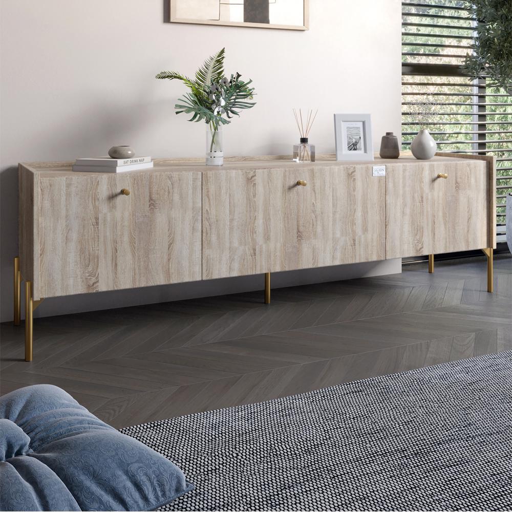 Тумба под телевизор на 3 ящика Lion Wood с золотыми ножками 160х65х40 см Дуб Сонома (000-000-2339) Тумба под телевизор на 3 ящика Lion Wood с золотыми ножками 160х65х40 см Дуб Сонома (000-000-2339)