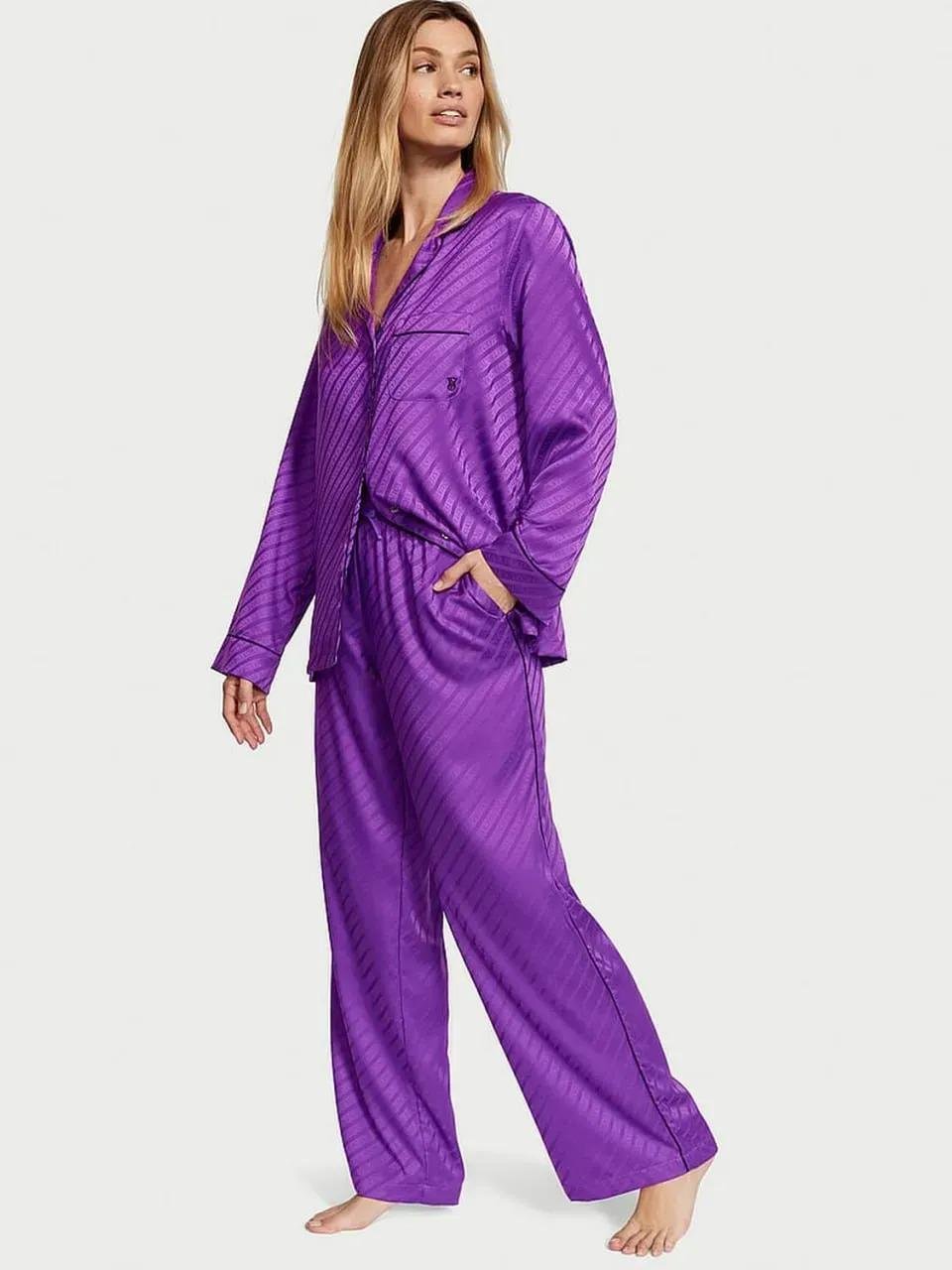 Піжама сатинова сорочка/штани Victoria's Secret Satin Long Pajama Set Regular S Фіолетовий (2681220D)