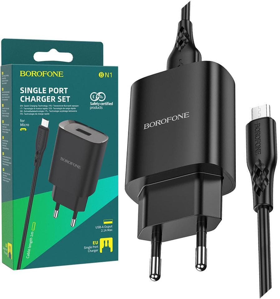 Устройство зарядное Borofone BN1 1 USB 2,1A/кабель micro-USB Black (36754)