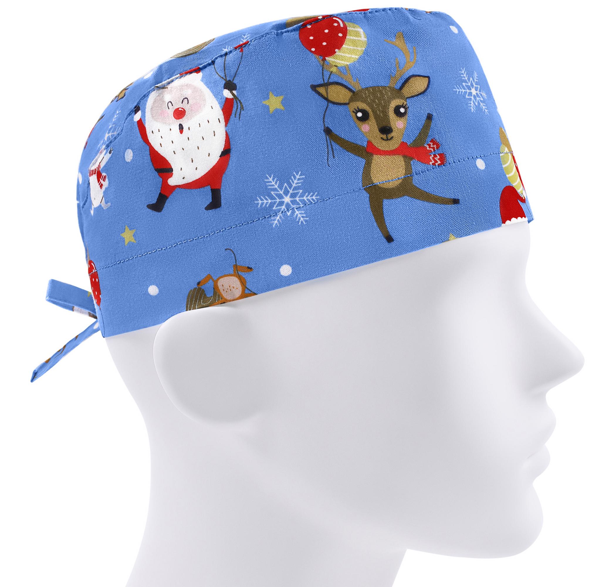 Шапочка медицинская мужская FloralScrubs Санта-Клаус с шариками на голубом универсальная (М148)