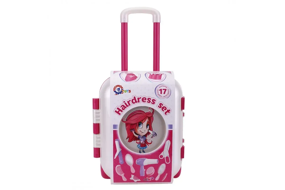 Детский игровой набор ТехноК Набор парикмахера в чемоданчике из пластика 34,5х26х16 см Розовый (150-98-TH6993)