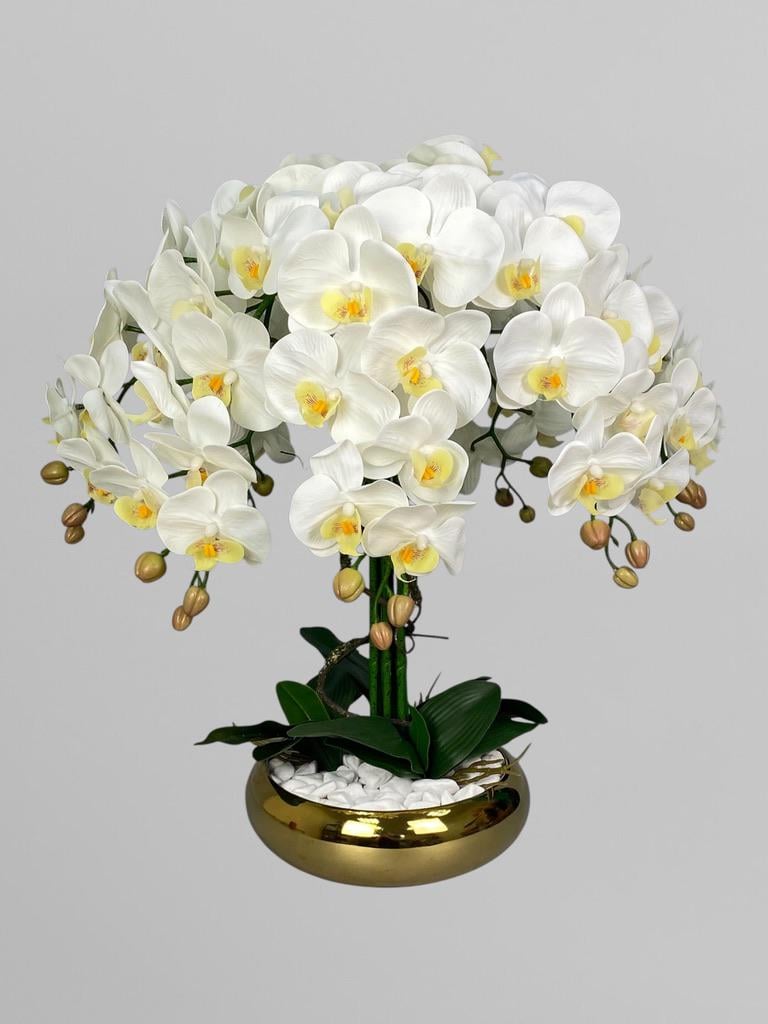 Композиция из латексных орхидей на 7 веточек в золотистом керамическом кашпо бонсайница 60 см Белый (А290)