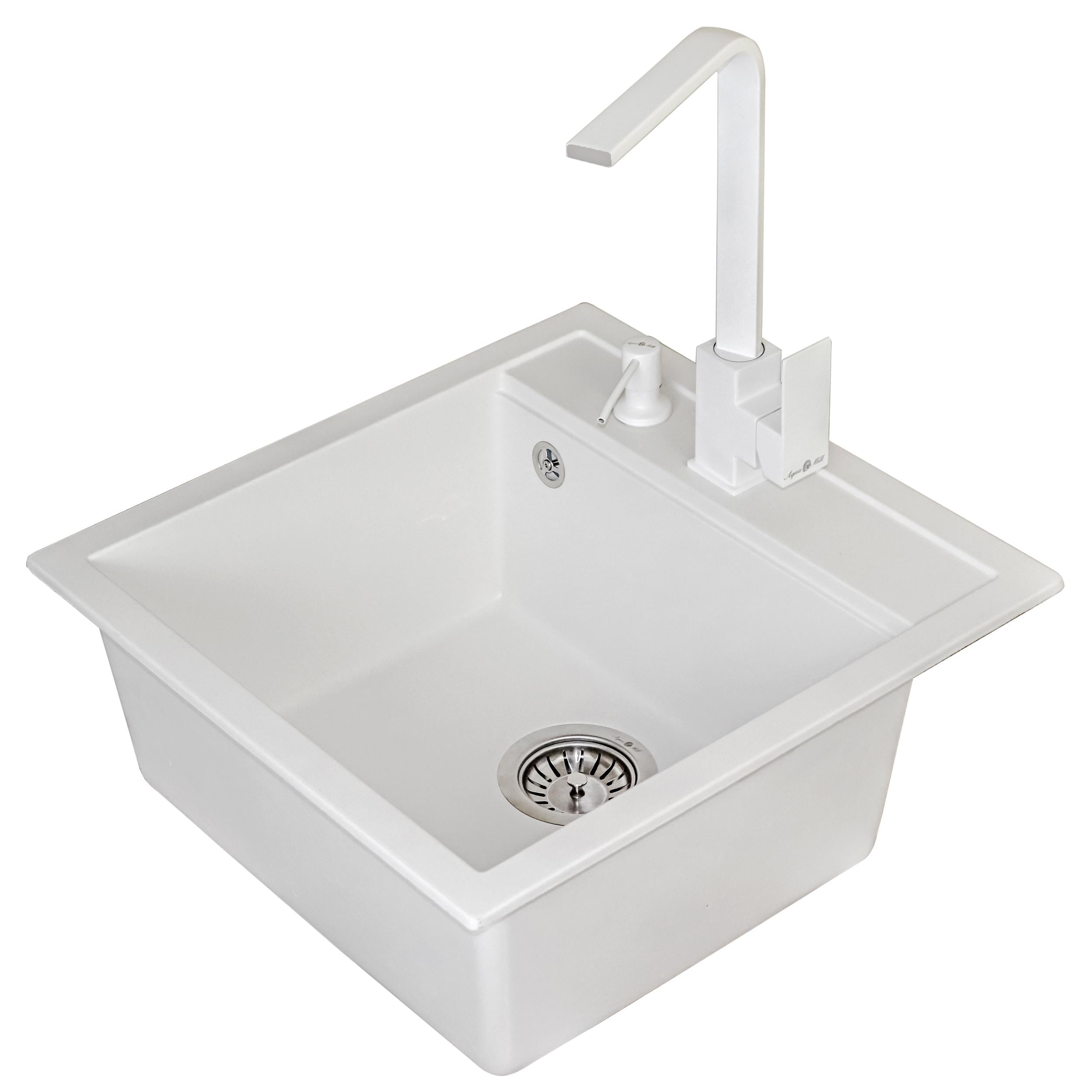 Мойка для кухни гранитная AQUAMILL Vegas Lux квадратная + смеситель/дозатор/сифон Белый