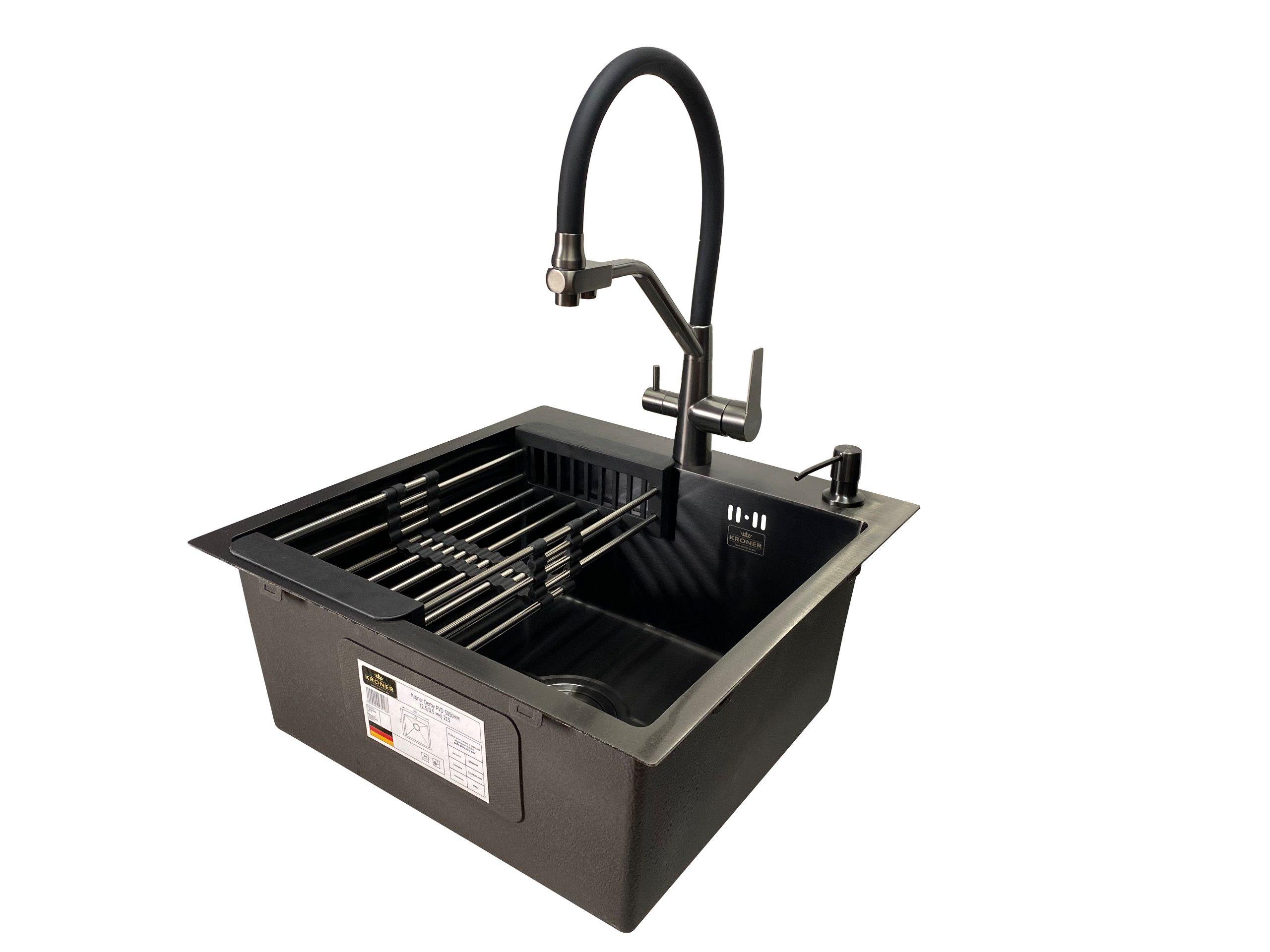 Мойка для кухни Kroner Handmade 50x50 см 3,0\1,0 мм PVD смеситель гибкий с подключением к фильтру/дозатор/корзинка/сифон Черный (079b70bb)