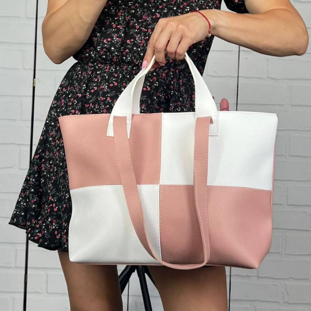 Сумка шопер женская на плечо из экокожи большая вместительная для документов Пудра - фото 2