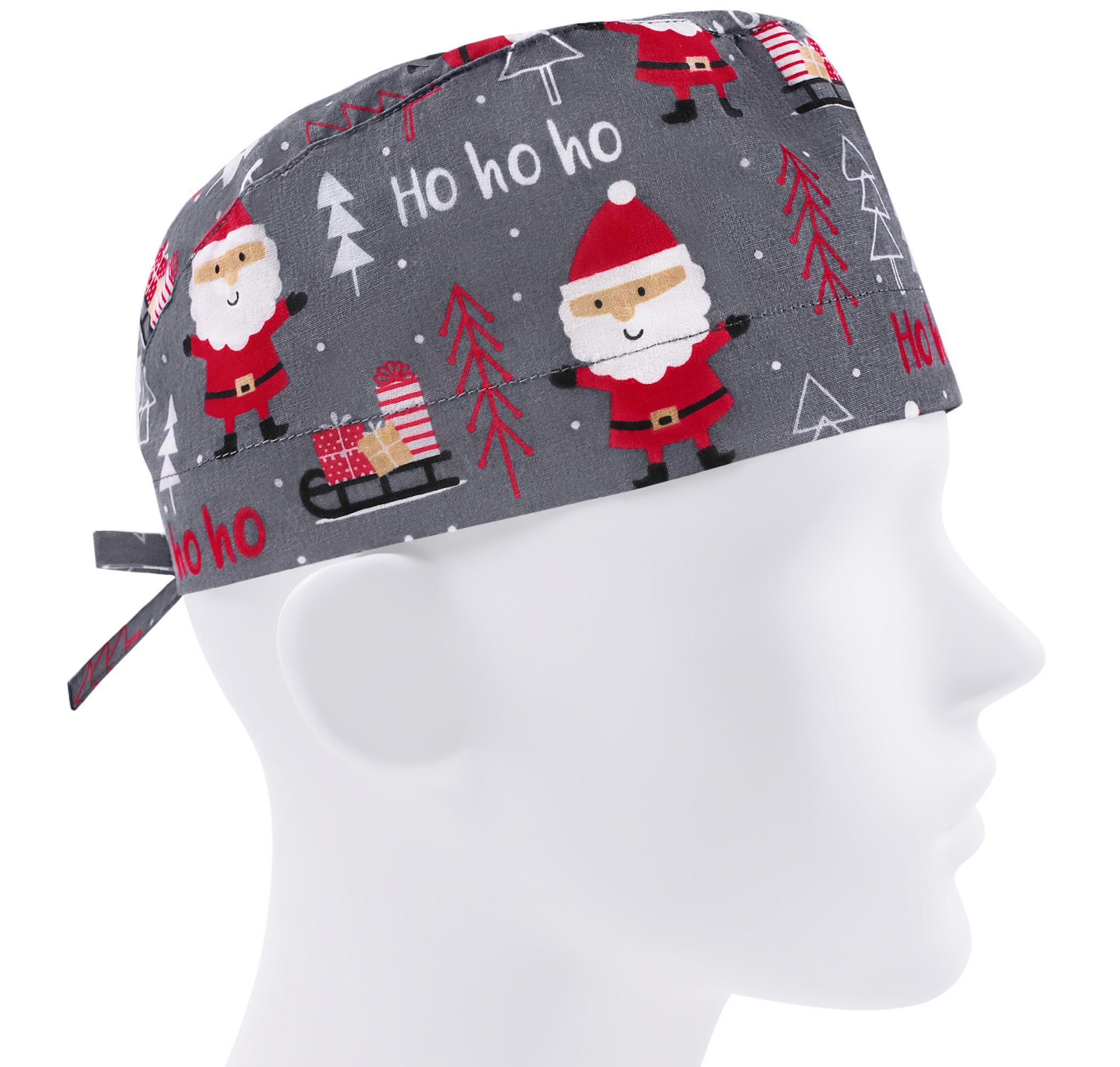 Шапочка медицинская мужская FloralScrubs Санта-Клаус на сером универсальная (М146)