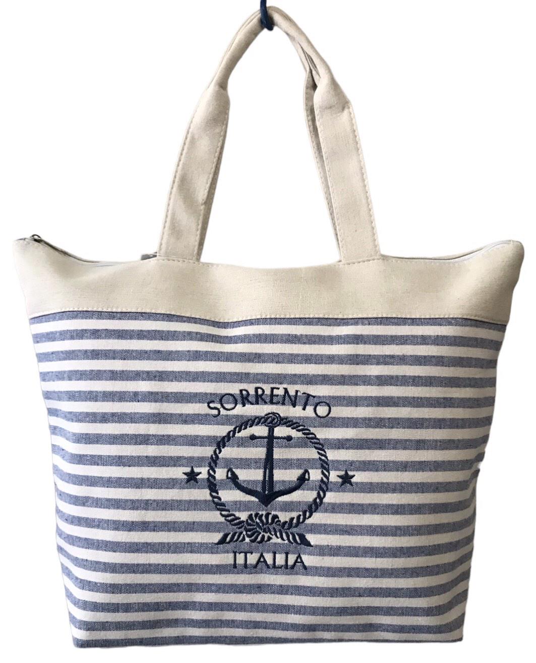 Сумка пляжная женский шопер летняя из ткани на молнии с полоской Бежево-серый (SD73)