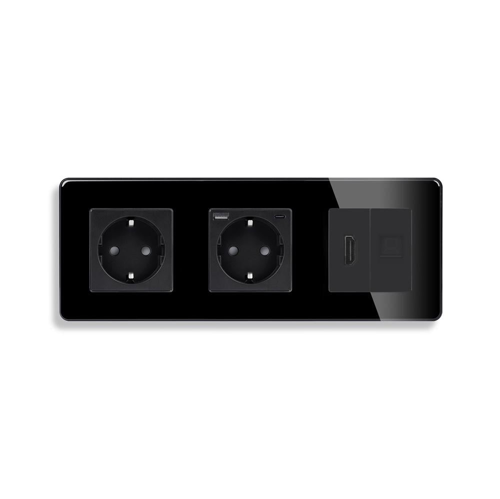 Розетка ELIOS с USB 20Вт HDMI/интернет RJ-45 с заземлением/шторками 250В 16А стеклянная рамка Черный (TW-M3FGACHDMICAT6-BK)