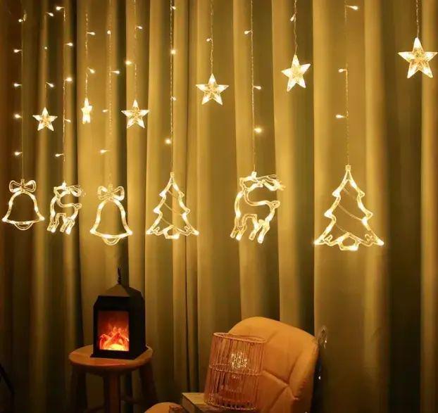 Гирлянда светодиодная Штора с формами колокольчик елка и олень 12 PCS light теплое свечение