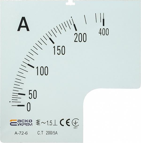 Шкала для амперметра АСКО-Укрем А-72-6 200/5А 72x72 мм (A0190010071)