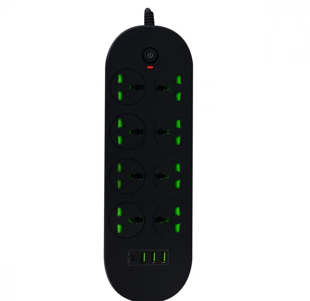 Удлинитель T92S 8 розетки 3 USB/1 Type-C из огнестойкого поликарбоната 3000 Вт Черный (38398)