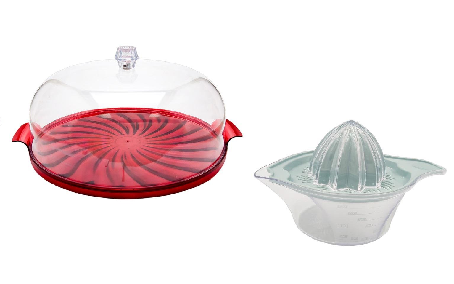 Тортовница Irak Plastik Кристалл 29 см и соковыжималка для лимона New 0,25 л Красный (54671) - фото 1