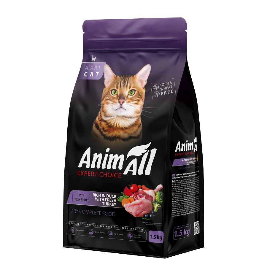 Корм сухой для взрослых кошек AnimAll Полнорационный со свежей индейкой и уткой 1,5 кг (2998381774)