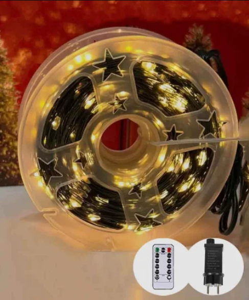 Гирлянда Роса на катушке 500 LED 50 м с зеленым проводом реле 8 режимов 12V/пульт Теплый белый (FFJ00124)